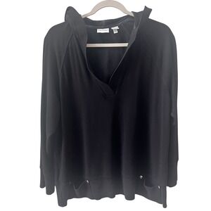 Zenergy by Chicos Black Hoodie V-Neck Pullover Top Size 2 L Athleisure Casual